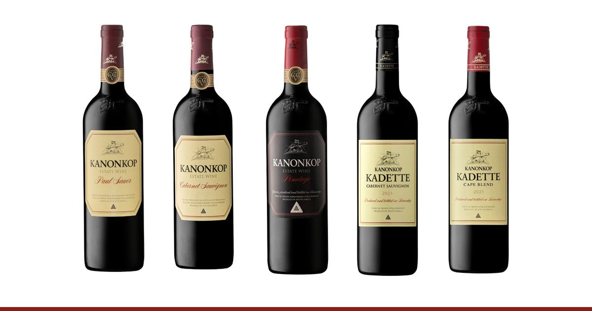 Five Kanonkop wines: Paul Sauer, Cabernet Sauvignon, Black Label Pinotage, Kadette Cabernet Sauvignon and Kadette Cape Blend