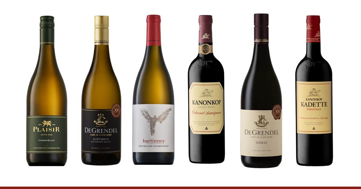 Six South African wines, one for each Big Six grape: Plaisir Chenin Blanc, De Grendel Koetshuis Sauvignon Blanc, Bartinney Hourglass Chardonnay, Kanonkop Cabernet Sauvignon, De Grendel Shiraz and Kanonkop Kadette Pinotage