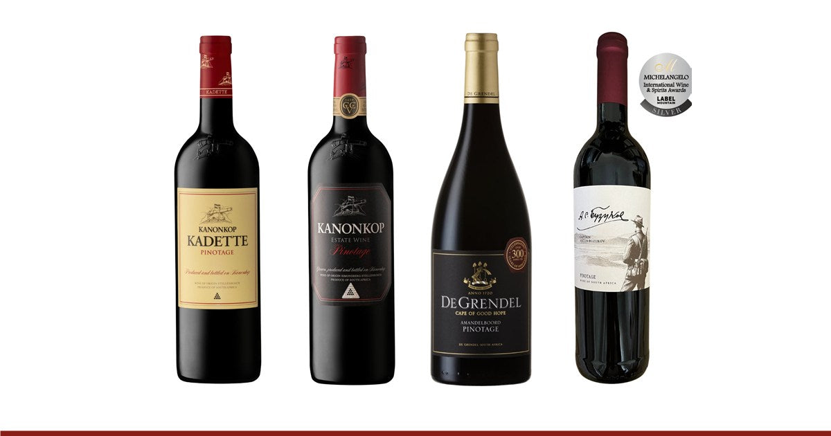Four South African Pinotage wines: Kanonkop Kadette, Kanonkop Black Label, De Grendel Amandelboord and Captain Anton Buzukov